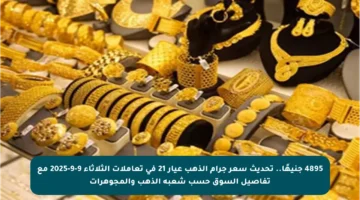 4895 جنيهًا.. تحديث سعر جرام الذهب عيار 21 في تعاملات الثلاثاء 9-9-2025 مع تفاصيل السوق حسب شعبة الذهب والمجوهرات